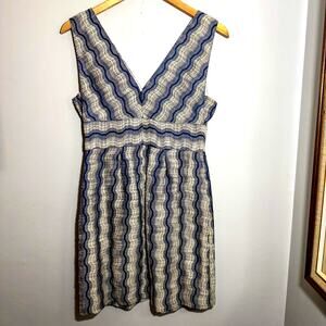WALTER Blue White Textured Zig Zag V-Neck Dress Silk Lining Cotton Linen Blend 2